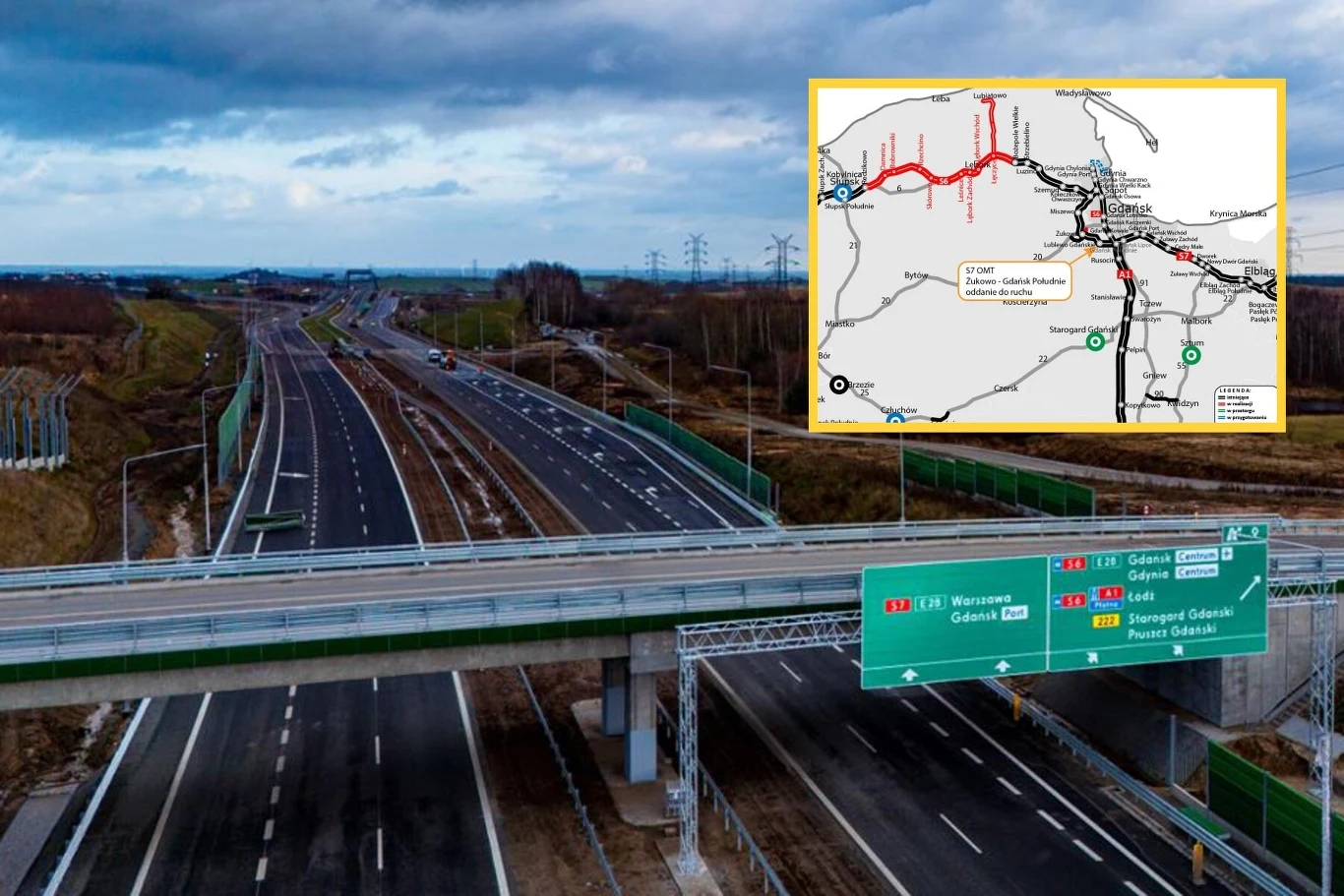 GDDKiA na Święta otworzyła ostatni odcinek Obwodnicy Metropolii Trójmiejskiej pod Gdańskiem Nowo wybudowana, szeroka droga ekspresowa z kilkoma pasami ruchu oraz zielonymi barierami dźwiękochłonnymi, prowadząca przez otwartą przestrzeń z niewielką ilością zabudowań, na górze kadru znajduje się wstawka z mapą przedstawiającą przebieg trasy. Na...