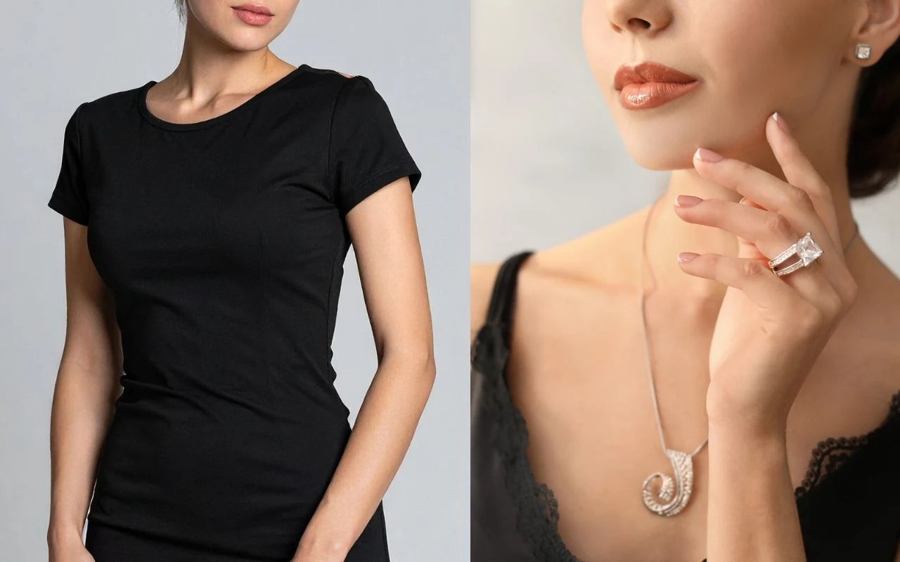 Kobieta w czarnym t-shircie oraz kobieta w czarnej koronkowej bluzce prezentująca elegancki naszyjnik i pierścionek z dużym kamieniem. Ujęcia skupiają się na górnej części sylwetki, biżuterii i stylizacji.
