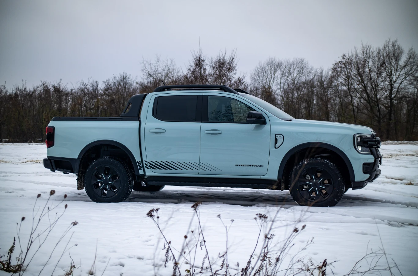 Jasnoniebieski pick-up typu Ford Ranger stoi na zaśnieżonym terenie, w tle widoczne są nagie drzewa oraz zimowe, pochmurne niebo.