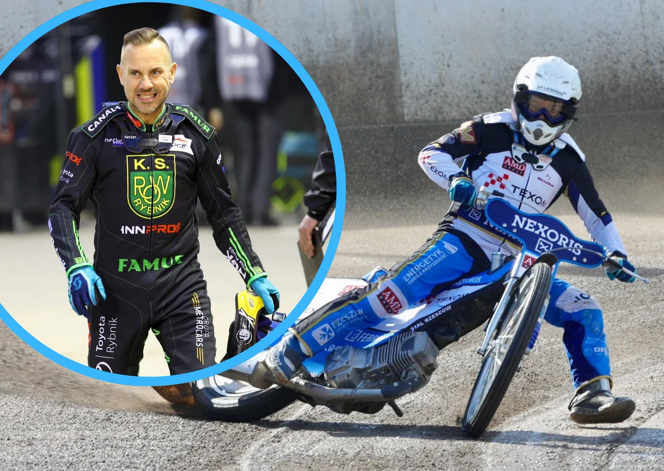 Speedway Kraków ciągle walczy o kontrakt Nickiego Pedersena Zawodnik żużlowy ubrany w kombinezon z logotypami sponsorów podczas wyścigu na torze, obok w okrągłym kadrze widoczna sylwetka innego żużlowca w stroju klubowym.