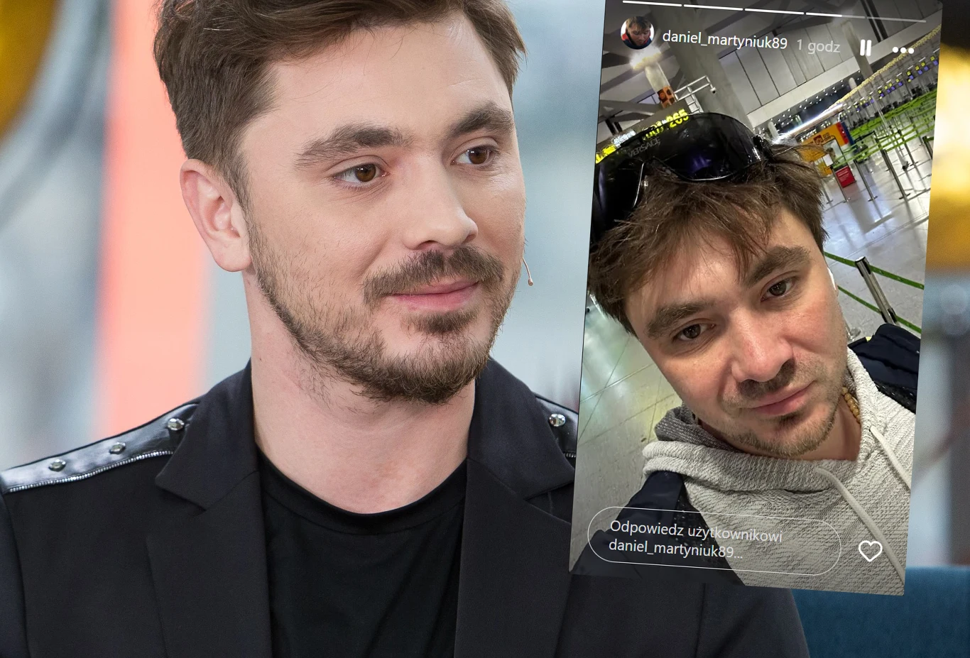 Mężczyzna w ciemnej marynarce siedzi w studiu, obok jego twarzy nałożony fragment zdjęcia z telefonu prezentującego tego samego mężczyznę w casualowym ubraniu, wykonane w przestrzeni publicznej, prawdopodobnie na lotnisku.