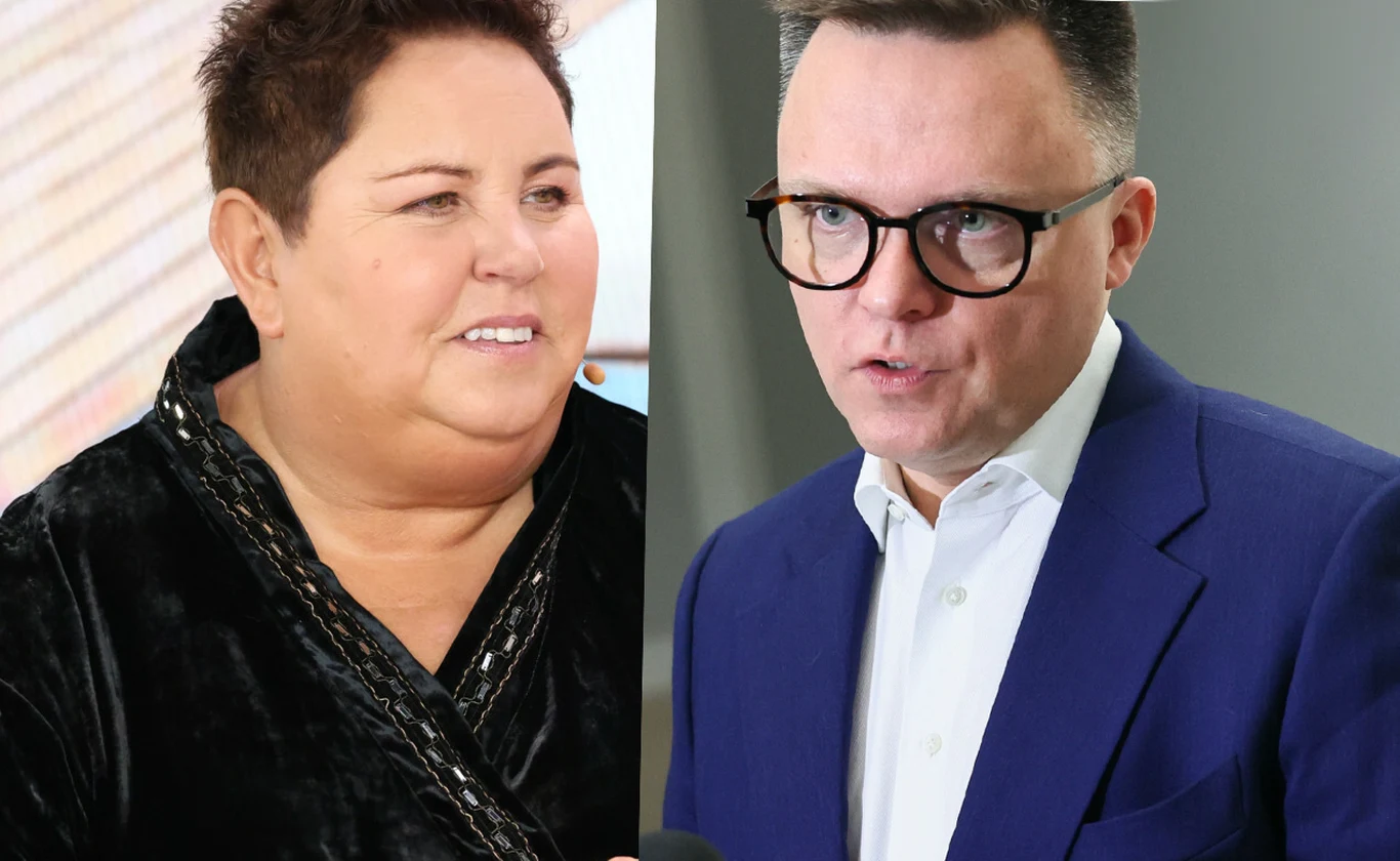 Dorota Wellman i Szymon Hołownia Dwie osoby ustawione obok siebie, po lewej kobieta o krótkich, ciemnych włosach i w czarnym stroju, po prawej mężczyzna w okularach, białej koszuli i granatowej marynarce.