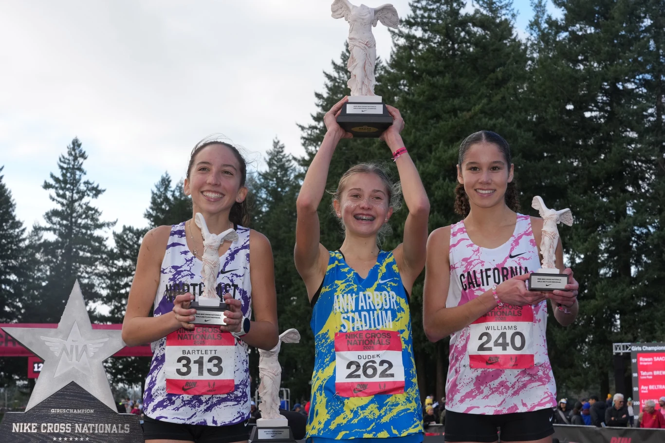 Natasza Dudek z pucharem po triumfie w Oregonie Trzy uśmiechnięte dziewczyny stoją na podium, każda trzyma statuetkę zwycięzcy, w tle widoczne drzewa oraz elementy wydarzenia sportowego.