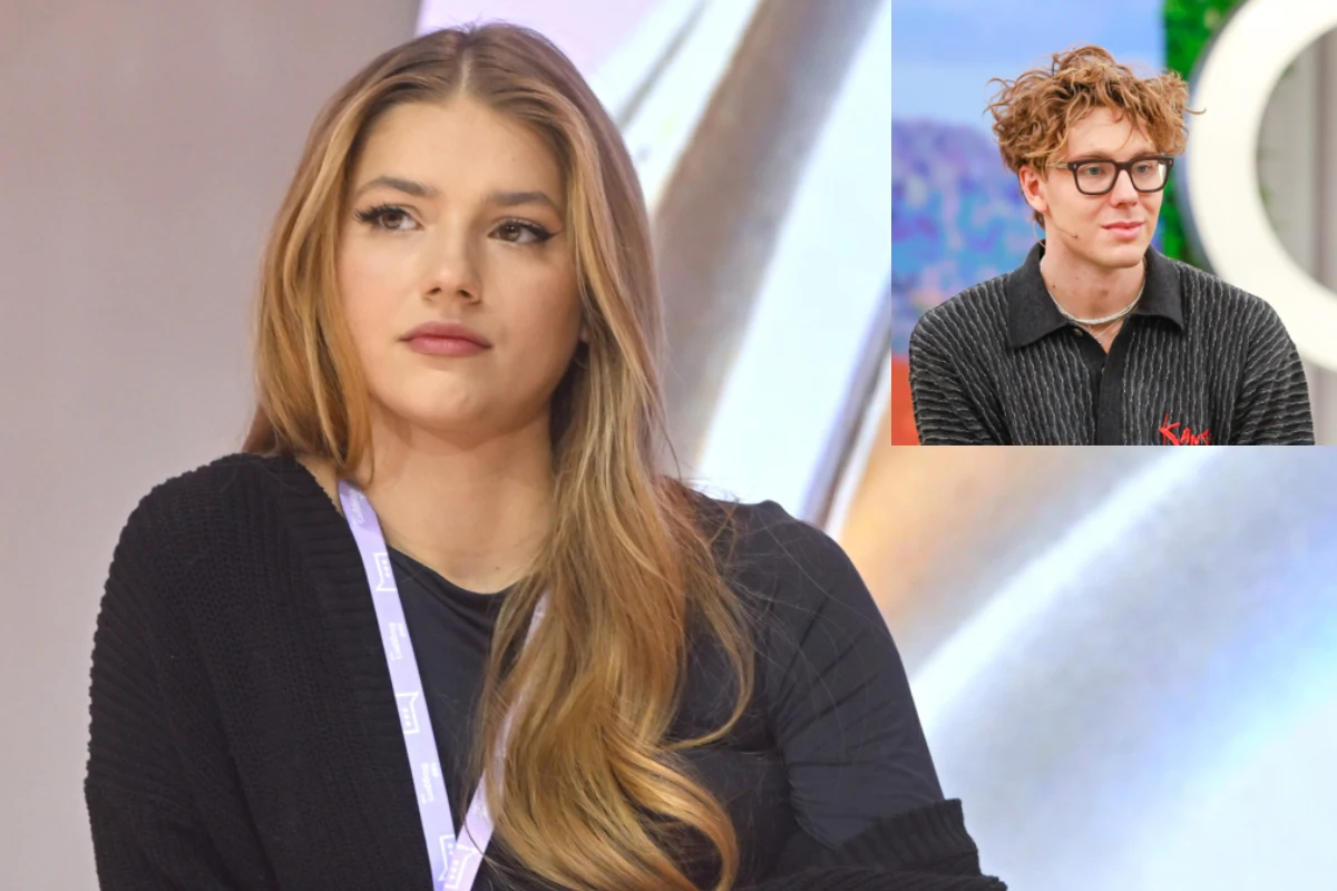 Julia Żugaj, Mikołaj Bagiński Młoda kobieta z długimi, blond włosami i wyrazistym makijażem siedzi w jasnym pomieszczeniu, ubrana w czarny sweter i z zawieszoną na szyi identyfikatorową smyczą. W prawym górnym rogu widoczna mniejsza fotografia mężczyzny w okularach, z jasnobrązowym...