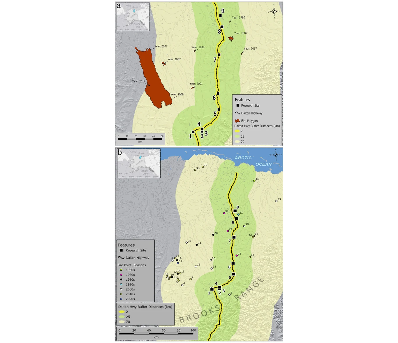 Dwie mapy topograficzne z zaznaczonym przebiegiem trasy, użyciem kolorów do oznaczenia różnych obszarów, punktów i legendą obrazującą typy obiektów oraz granice podziałów dolinnych. Mapa w górnej części pokazuje szczegółowy widok obszaru PR, dolnej sze...