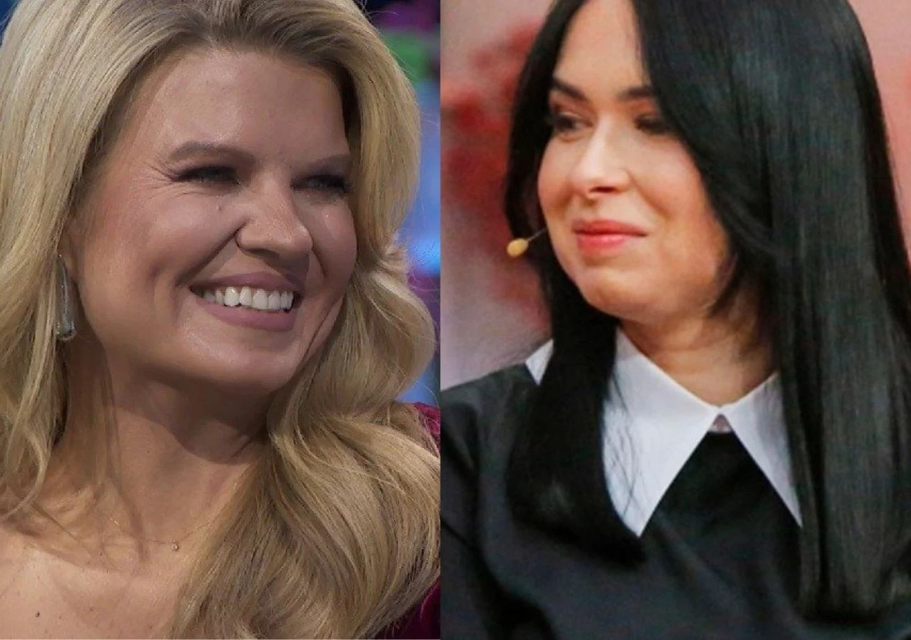 Rolnik szuka żony. Marta Manowska i Anna Derbiszewska Dwie kobiety w średnim wieku zaprezentowane w zbliżeniu, jedna z długimi blond włosami uśmiecha się szeroko, druga z prostymi, czarnymi włosami oraz białym kołnierzykiem patrzy delikatnie w bok.