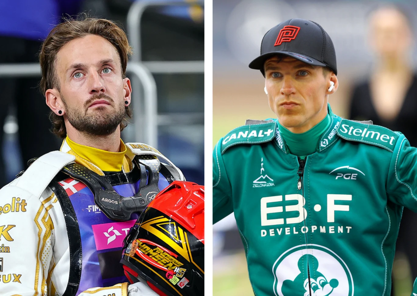 Derby Gezet Stali Gorzów i Stelmetu Falubazu Zielona Góra zawsze rozpalają kibiców. To najsłynniejszy pojedynek w kraju. Dwóch żużlowców w profesjonalnych strojach sportowych, po lewej zawodnik trzyma kask i patrzy w górę, po prawej drugi sportowiec w zielonej kurtce z naszywkami sponsorów, na głowie czapka sportowa.