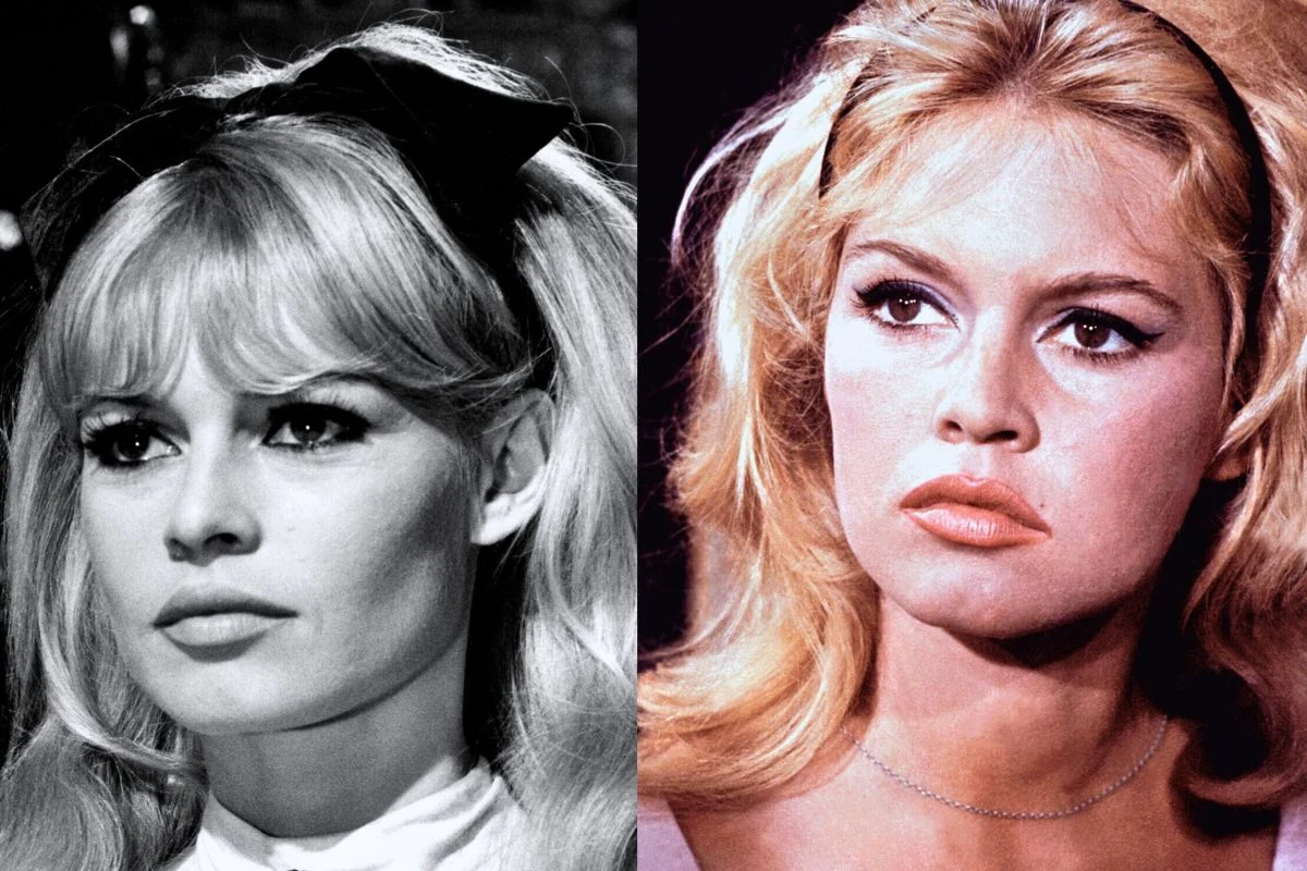 Dwa portrety kobiety z długimi blond włosami, po lewej stronie w czarno-białej tonacji z kokardą we włosach, po prawej w kolorze, z delikatnym makijażem, poważnym wyrazem twarzy i spojrzeniem skierowanym w lewo.