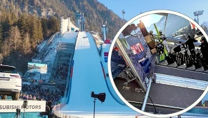 Skocznia Schattenberg w Oberstdrofie. W ramce zdarzenie z treningu