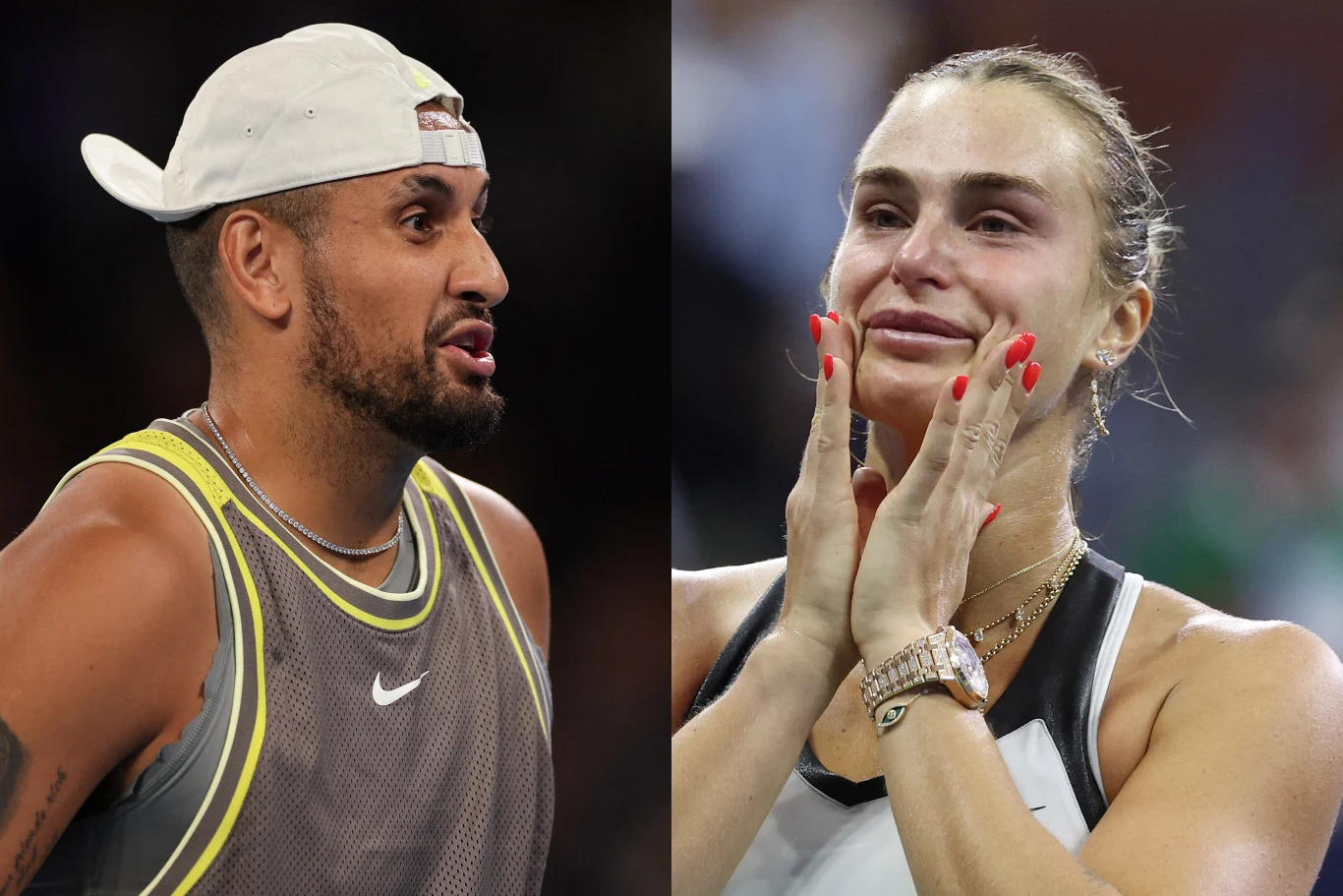 Dwójka sportowców na tle kortu tenisowego. Mężczyzna w sportowym stroju i czapce skierowanej daszkiem do tyłu rozmawia lub komentuje, natomiast kobieta wyraża silne emocje, trzymając ręce przy twarzy i mając lekko załzawione oczy.