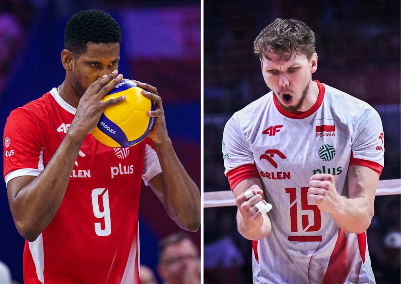 Wilfredo Leon (L) i Jakub Kochanowski (P) wyróżniali się w 2025 roku Dwóch siatkarzy w strojach reprezentacyjnych Polski, jeden skupiony trzyma piłkę do siatkówki, drugi wyraża emocje silnym gestem pięści.