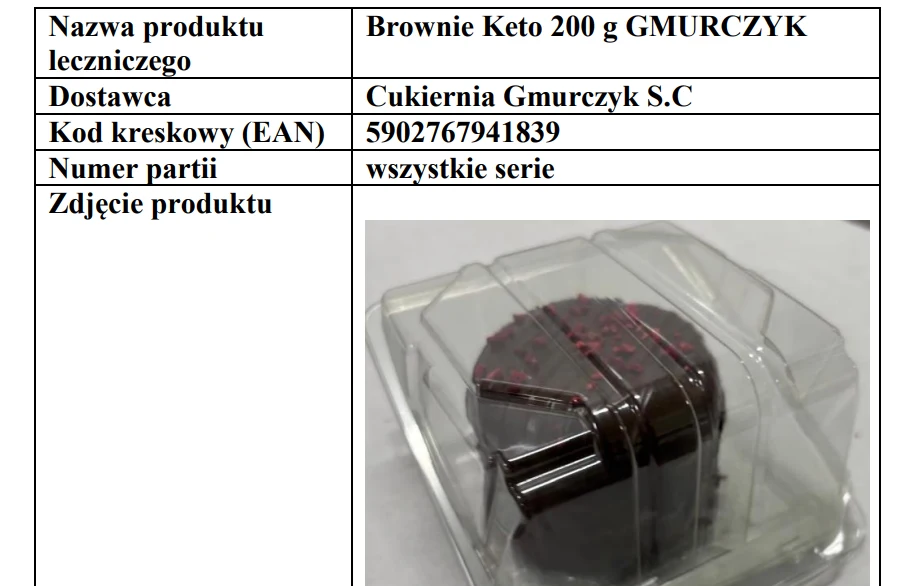 Auchan wycofuje ze sprzedaży ciastko brownie Kawałek ciasta brownie w ciemnej polewie czekoladowej, zapakowany w przezroczyste plastikowe pudełko, widoczne na tle kartki z informacjami o produkcie.