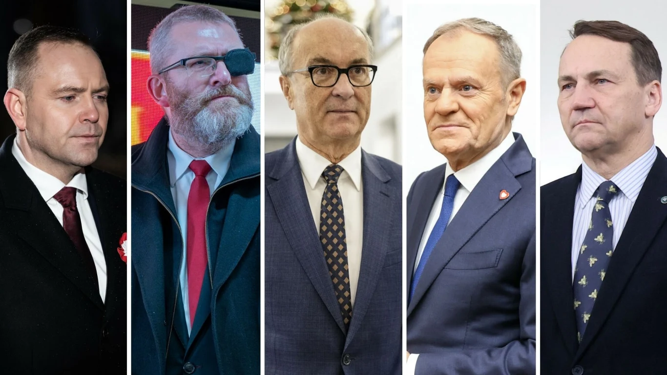 Polityczni wygrani 2025 zdaniem Tomasza Słomki. Od lewej: Karol Nawrocki, Grzegorz Braun, Włodzimierz Czarzasty, Donald Tusk, Radosław Sikorski Pięciu mężczyzn ubranych w garnitury i formalne stroje stoi w rzędzie, każdy patrzy w innym kierunku. W tle dominują neutralne, jasne kolory. Wśród mężczyzn jeden wyróżnia się opaską na oku.