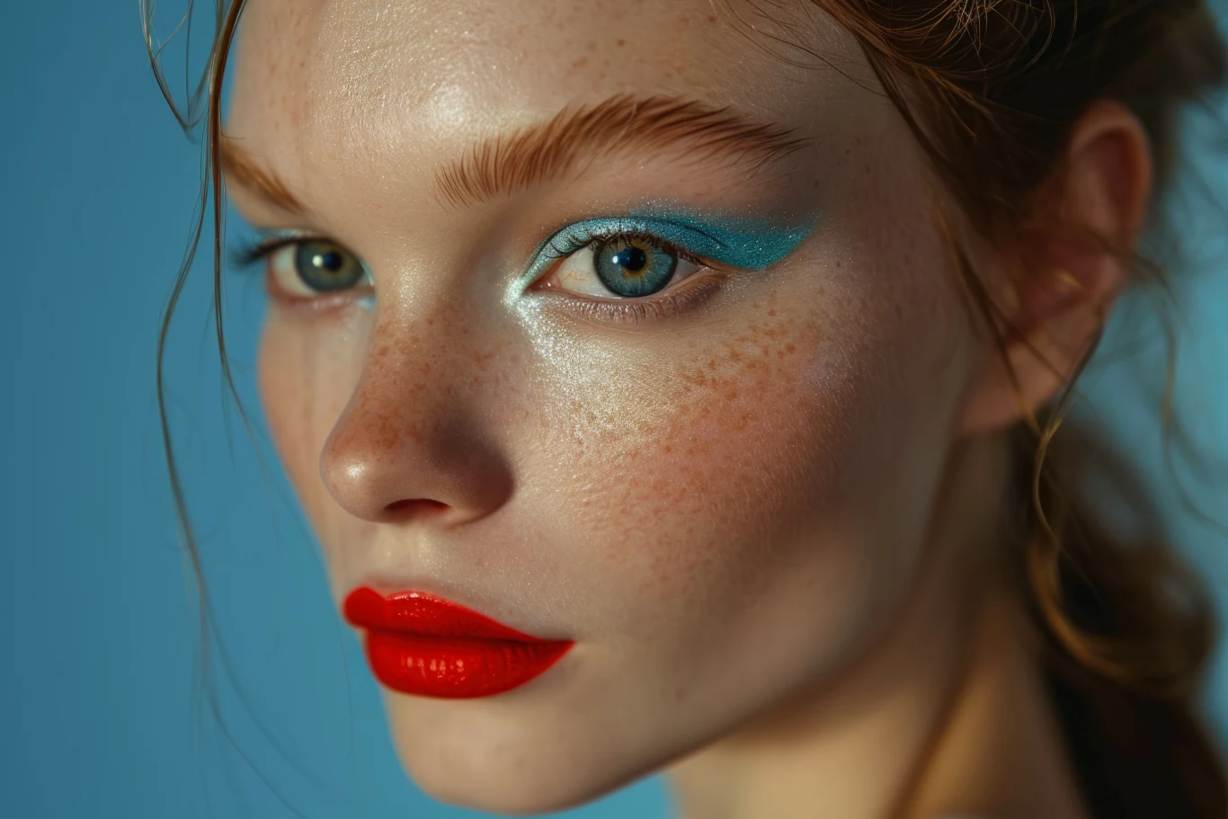 Zbliżenie kobiecej twarzy z intensywnym makijażem oczu w kolorze niebieskim i wyrazistymi czerwonymi ustami. Skóra jasna, z widocznymi piegami, wyraziste brwi i delikatne tło w odcieniu błękitu.