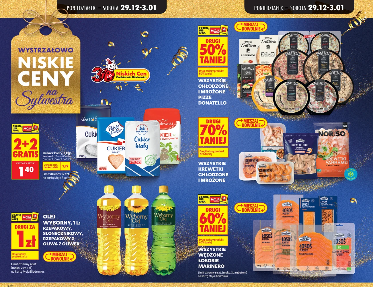 Pizza, krewetki i łosoś nawet 70% taniej! Olej i cukier w gratisie w Biedronce!
