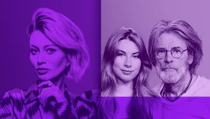 Trzy osoby o różnych cechach, dwie po prawej spoglądają wprost, z czego starszy mężczyzna ma okulary i brodę, młodsza kobieta długie włosy, po lewej stronie stylizowana kobieta o krótszych włosach, całość w fioletowym tonie.