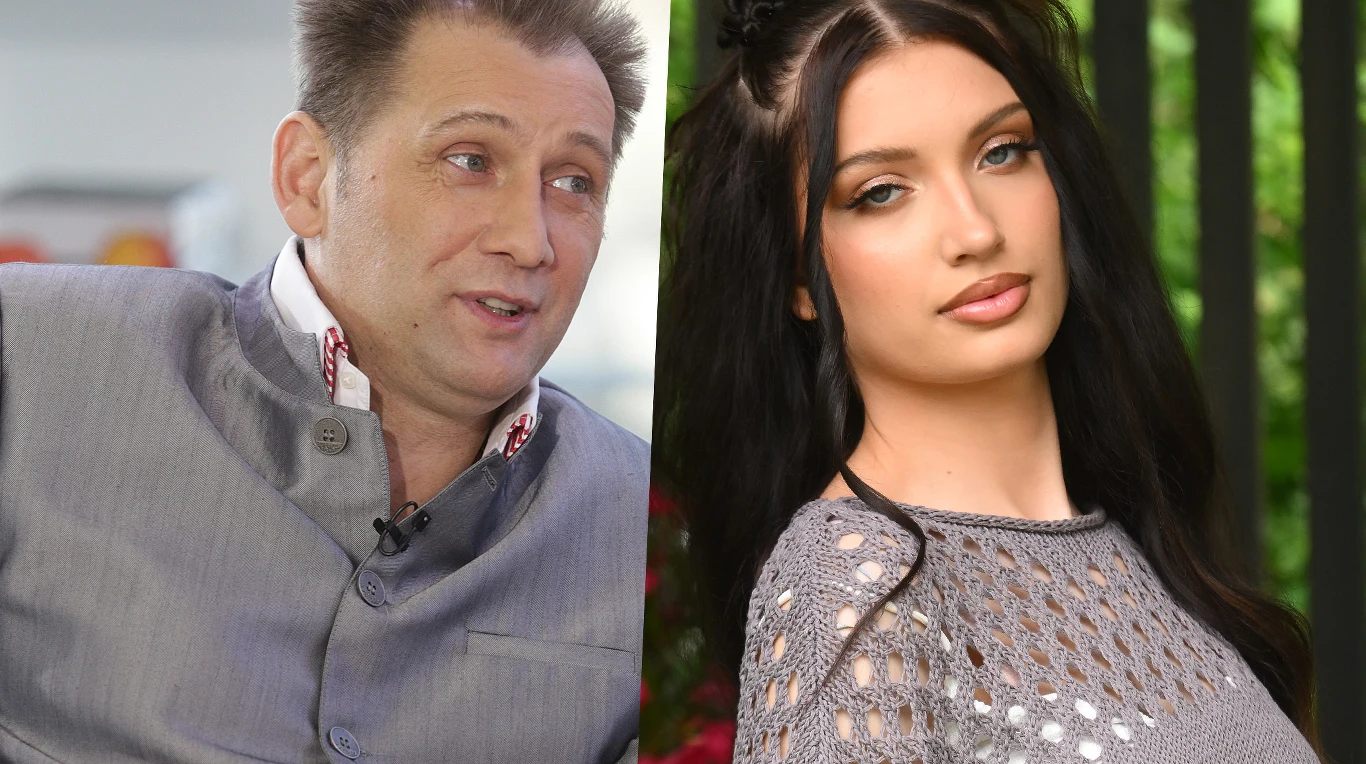 Bogdan Trojanek i Viki Gabor Po lewej stronie dorosły mężczyzna w szarej marynarce z jasnymi włosami, siedzący w jasnym pomieszczeniu, po prawej młoda kobieta z długimi ciemnymi włosami, ubrana w szary sweter, stojąca na tle zieleni.