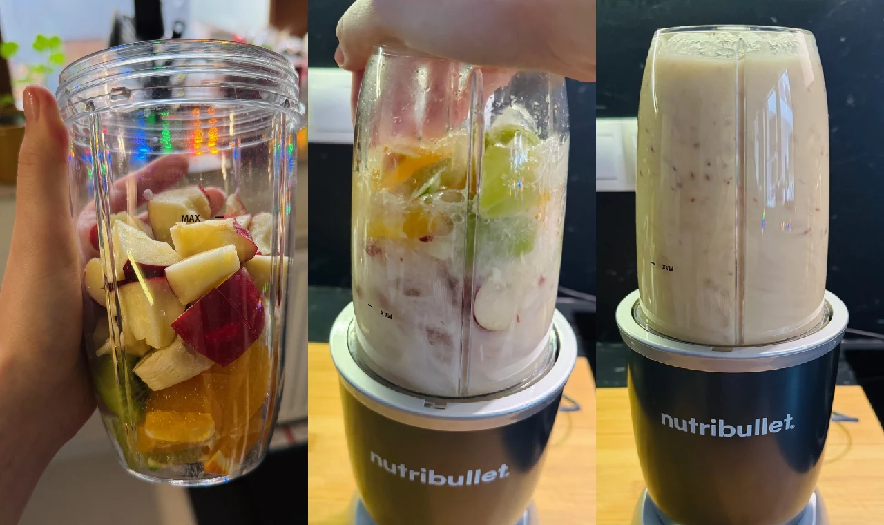 Różne etapy przygotowania smoothie owocowego w blenderze Nutribullet. Po lewej świeże kawałki owoców, w środku proces blendowania, po prawej gotowy koktajl o kremowej konsystencji.
