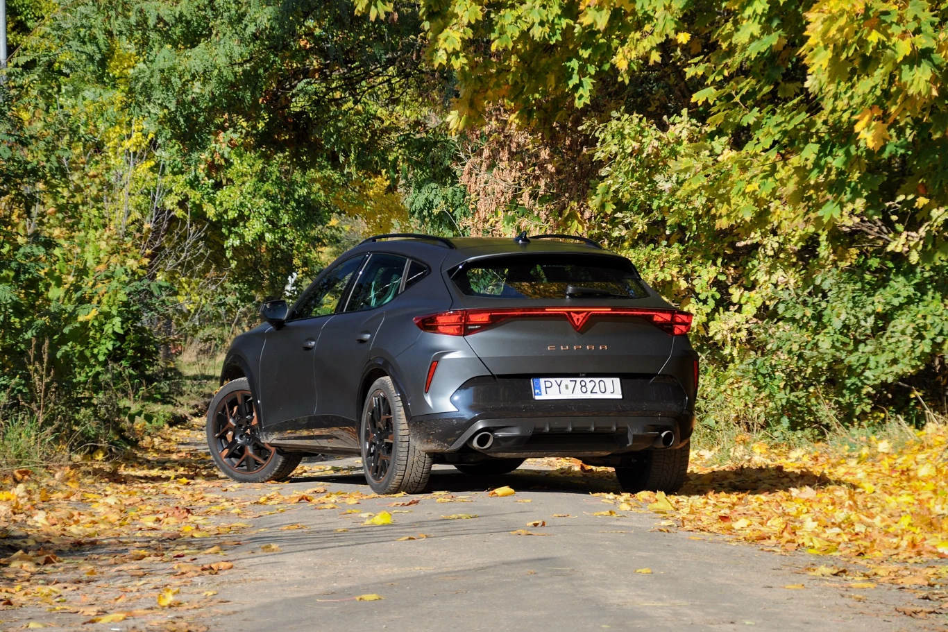 Czarny samochód marki Cupra Formentor zaparkowany na wąskiej, asfaltowej drodze otoczonej żółtymi i zielonymi liśćmi drzew; jasne, słoneczne światło podkreślające kolorystykę jesieni.