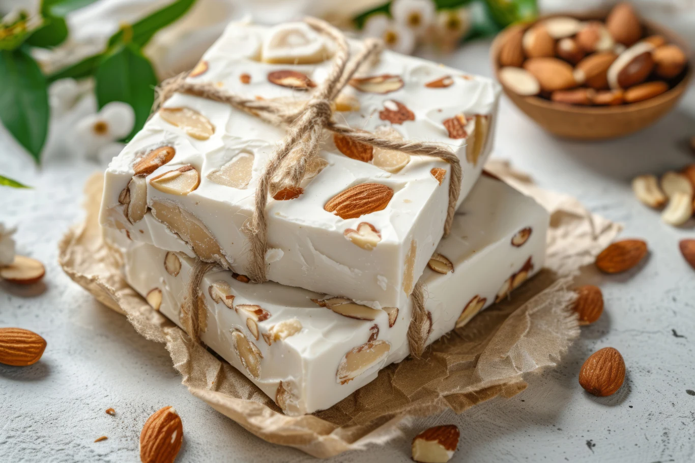 Kawałki białej nugatowej masy z całymi migdałami, ozdobione naturalnym sznurkiem, leżą na kawałku pergaminu. W tle miska z orzechami oraz zielone liście i delikatne kwiaty tworzą naturalną i apetyczną kompozycję.
