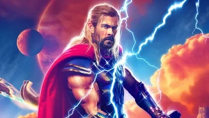 Chris Hemsworth na grafice promującej film "Thor: Miłość i grom"