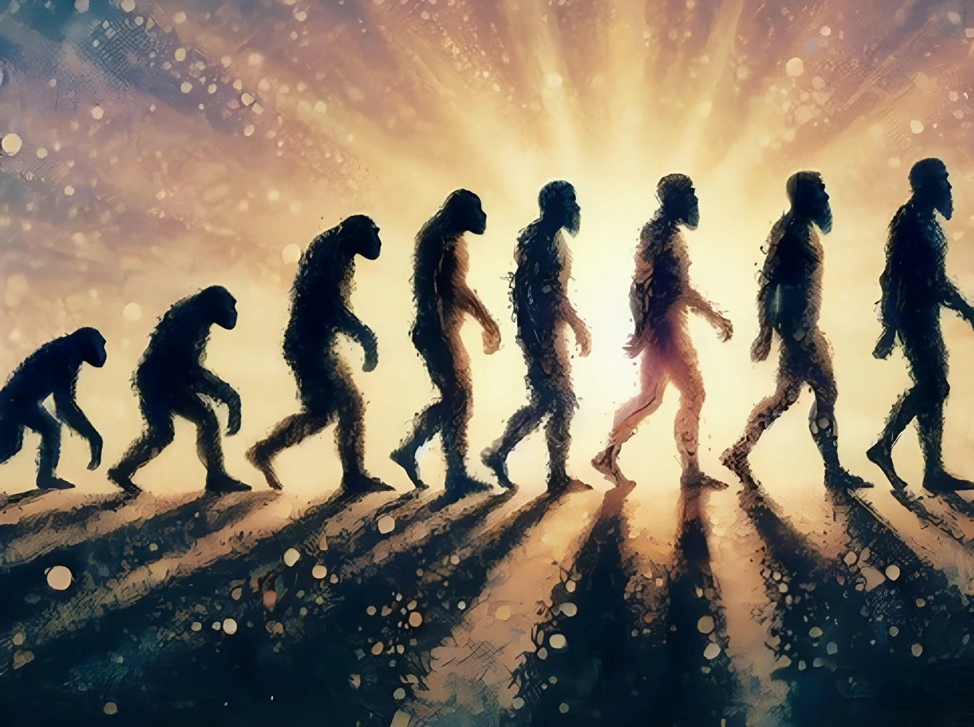 Puścili ewolucję od nowa. To, co zobaczyli, było nieoczekiwane Sylwetki przedstawiające etapy ewolucji od prymitywnej małpy do współczesnego człowieka na tle jasnego światła symbolizującego przełomowy moment rozwoju.