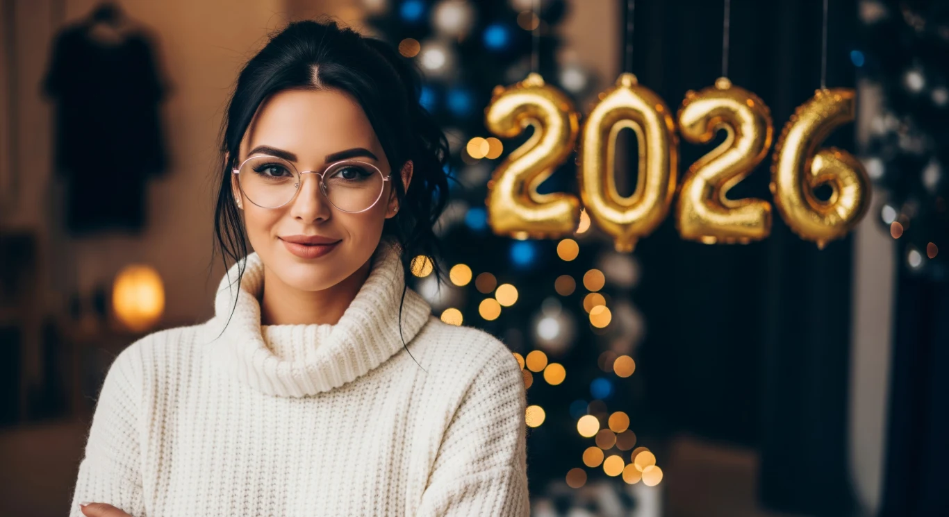 Młoda kobieta w okularach i białym swetrze stoi przed udekorowaną choinką oraz balonami układającymi się w napis 2026, co tworzy świąteczną i noworoczną atmosferę.