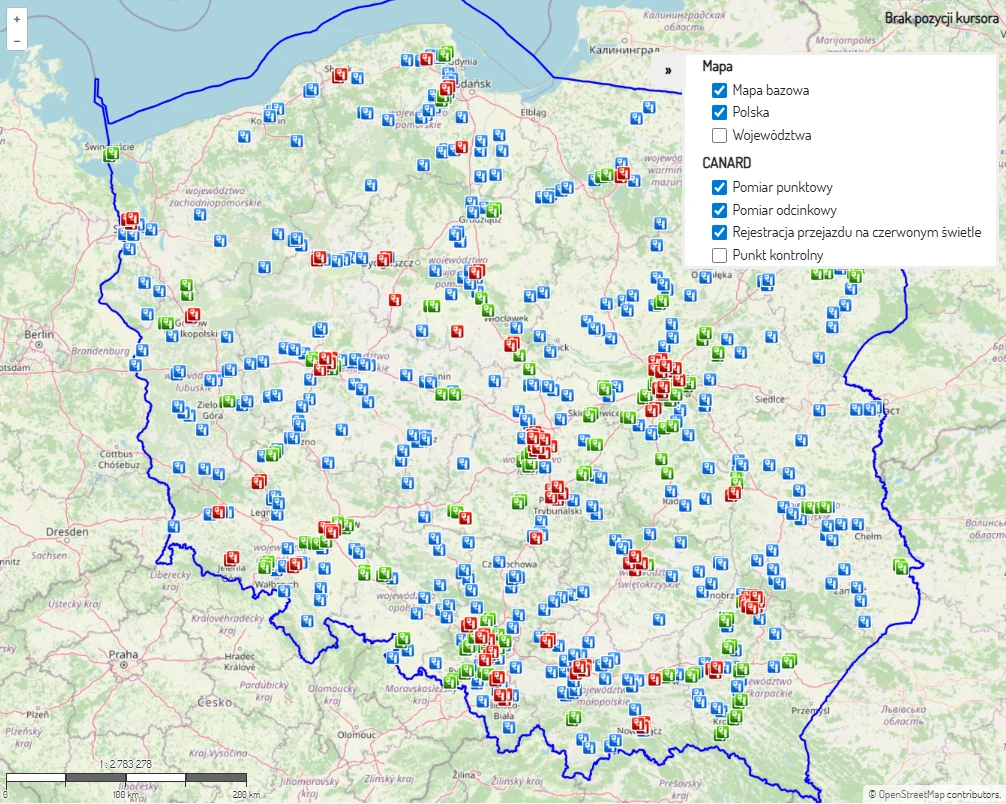 Polska mapa drogowa z zaznaczonymi punktami pomiaru prędkości, pomiaru odcinkowego, rejestracji przejazdu na czerwonym świetle oraz punktami kontroli, oznaczonymi różnymi kolorami i ikonami. Przedstawione są granice województw.