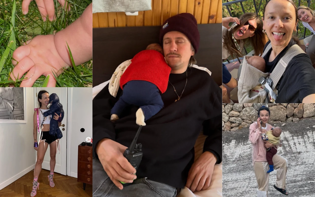 Kolaż fotografii pokazujących różne codzienne sytuacje rodziców z małymi dziećmi, w tym wspólne chwile na spacerze, zabawy w domu, odpoczynek oraz bliski kontakt i troskę.