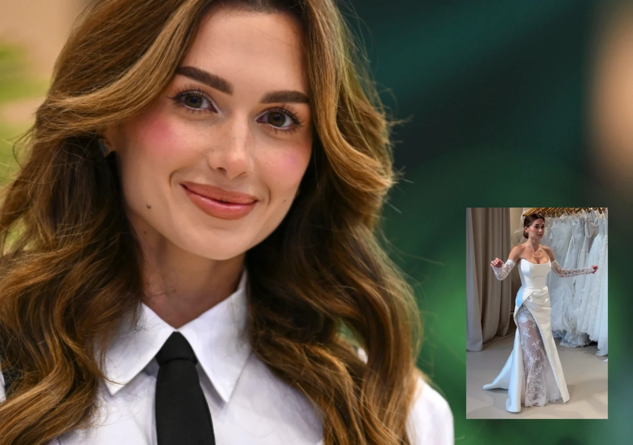 Wersow Uśmiechnięta kobieta z długimi, falowanymi włosami w białej koszuli i czarnym krawacie. W prawym dolnym rogu miniatura przedstawiająca tę samą kobietę w eleganckiej, białej sukni ślubnej z rozcięciem oraz koronkowymi wstawkami, stojącą przed wieszakami...