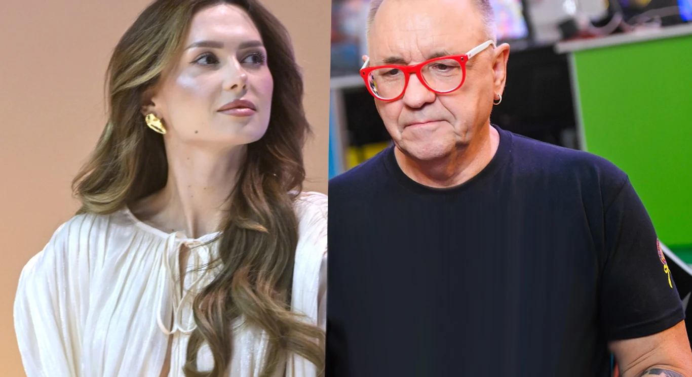 Wersow i Jerzy Owsiak Portret dwóch dorosłych osób, kobiety z długimi falującymi włosami w jasnej bluzce i mężczyzny w czerwonych okularach oraz czarnej koszulce na tle wnętrza z rozmytym tłem.