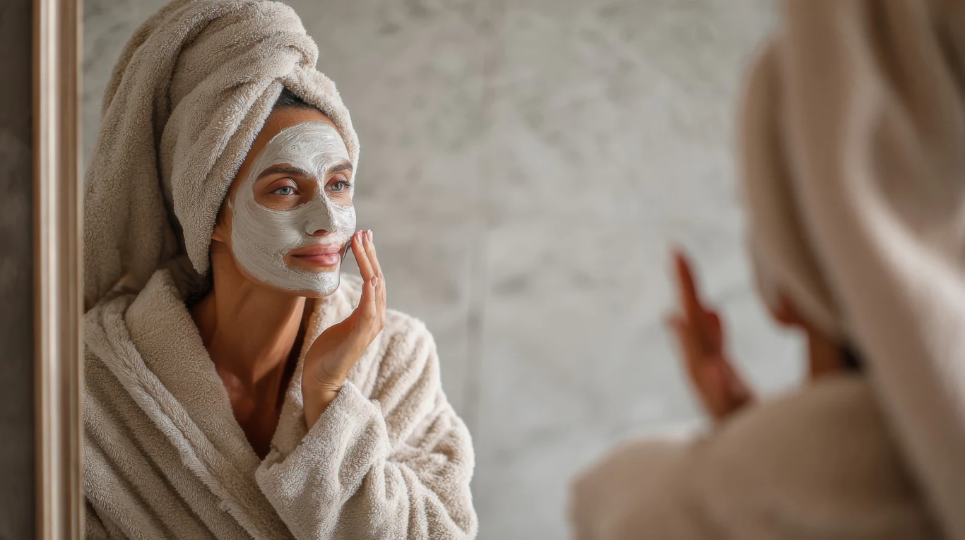 Kobieta w szlafroku z ręcznikiem na głowie stoi przed lustrem i delikatnie dotyka twarzy pokrytej maseczką pielęgnacyjną, w tle jasne płytki łazienkowe.