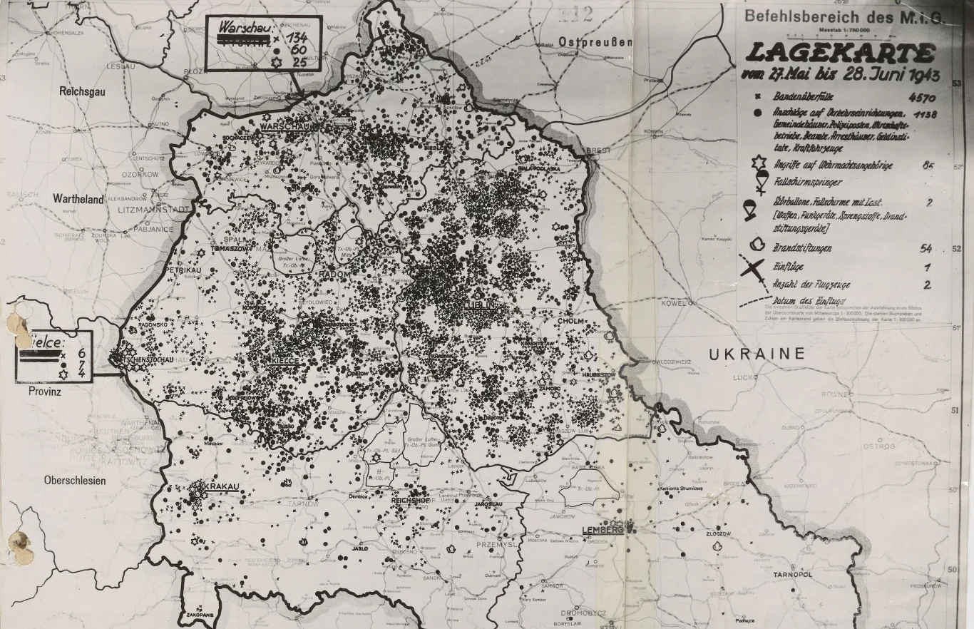Mapa Wehrmachtu ukazująca geograficzny rozkład aktywności podziemia na terenie GG w czerwcu 1943 r. 