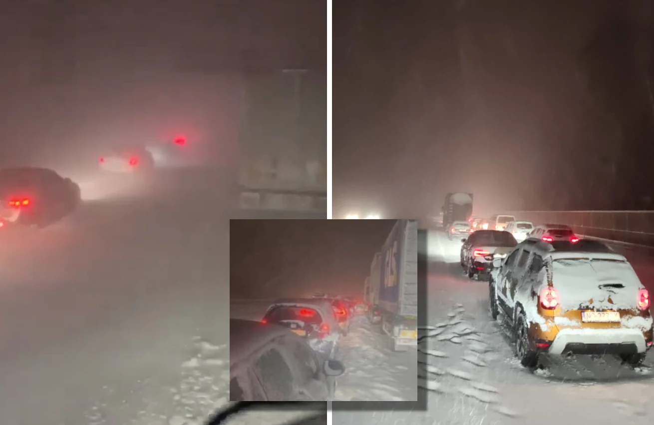 W takiej sytuacji znaleźli się we wtorek kierowcy na S7 Drogowa zima z samochodami i ciężarówkami stojącymi w korku na zasypanej śniegiem trasie, ograniczona widoczność i światła tylnych lamp pojazdów przebijające się przez gęsty śnieg.