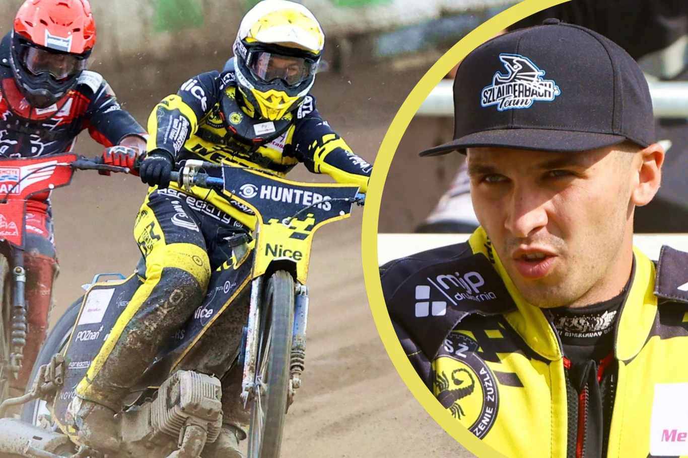 Szymon Szlauderbach szczerze o ostatnim roku i przyszłości Dwóch żużlowców w kolorowych kombinezonach rywalizujących na torze, w lewej części ujęcia dynamiczna jazda motocyklistów, po prawej zbliżenie na twarz i górną część sylwetki sportowca w czapeczce z logo klubu.