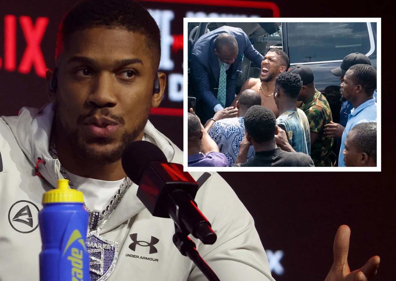 Anthony Joshua - zdj. w ramce po wypadku w Nigerii Sportowiec w białej bluzie i z mikrofonem przemawia podczas konferencji, w tle widoczne logo Netflix. W prawym górnym rogu wstawka pokazująca grupę ludzi zgromadzonych wokół mężczyzny przejawiającego silne emocje.