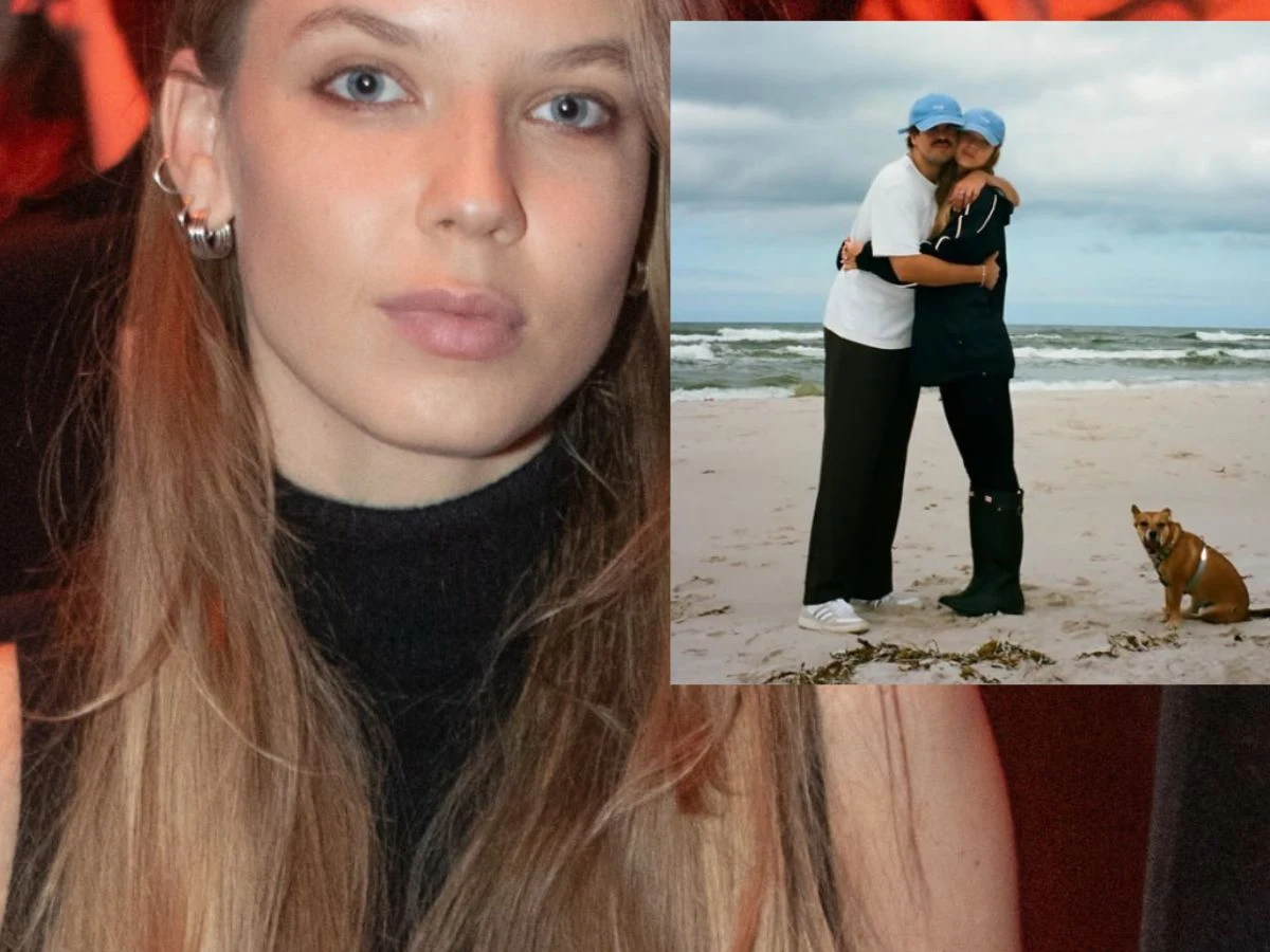 Młoda kobieta z długimi, jasnymi włosami w czarnym bezrękawniku patrząca wprost, zbliżenie na twarz. W prawym górnym rogu para ubrana w casualowe ubrania obejmuje się na plaży nad morzem, obok nich siedzi mały pies.