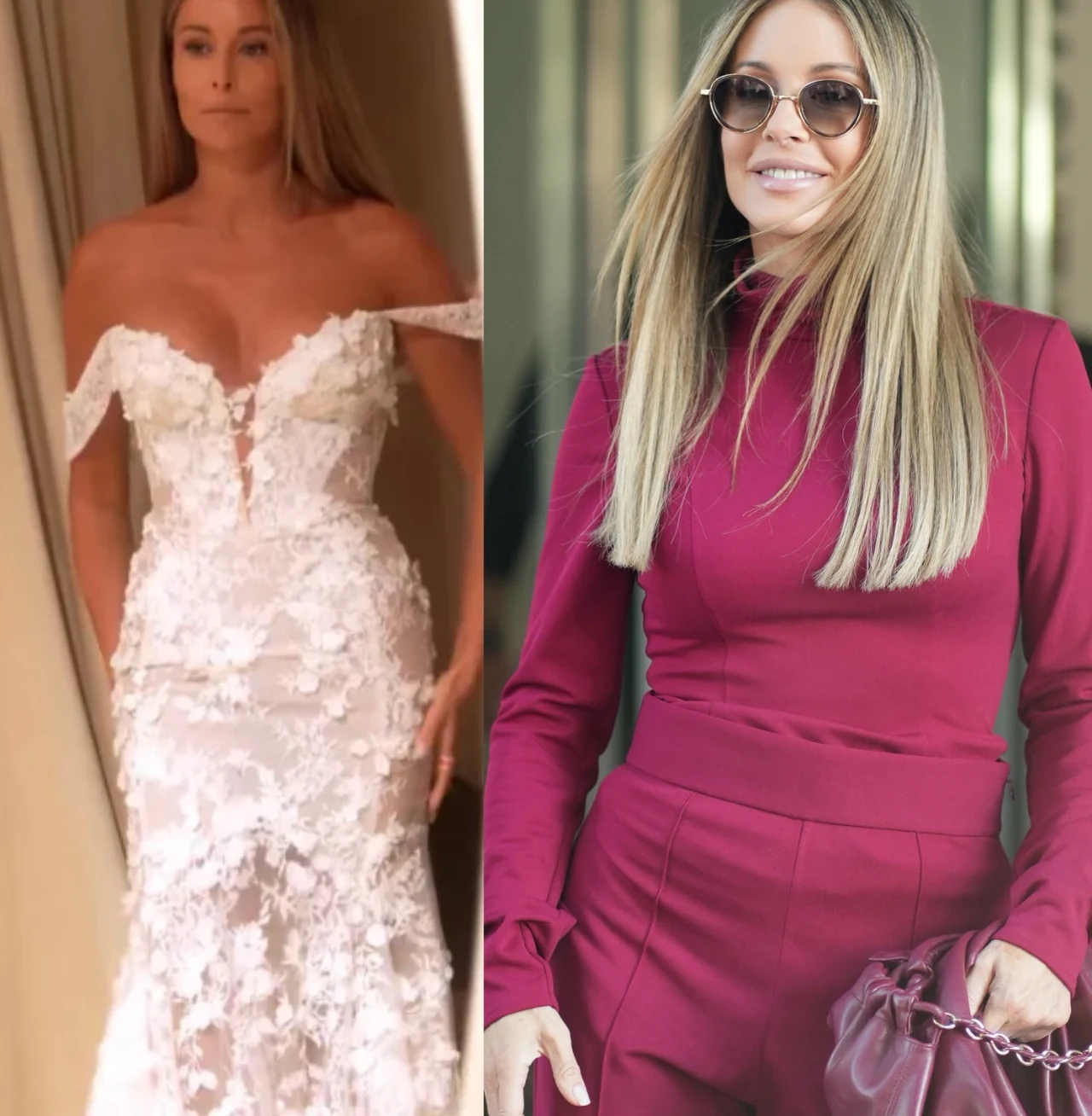 Małgorzata Rozenek wystroiła się w suknię ślubną na Sylwestra Instagram:@m_rozenek Dwie kobiety, z lewej ubrana w białą koronkową suknię ślubną z odkrytymi ramionami, z prawej w elegancki garnitur w kolorze bordo oraz okulary przeciwsłoneczne, z torebką na łańcuszku.