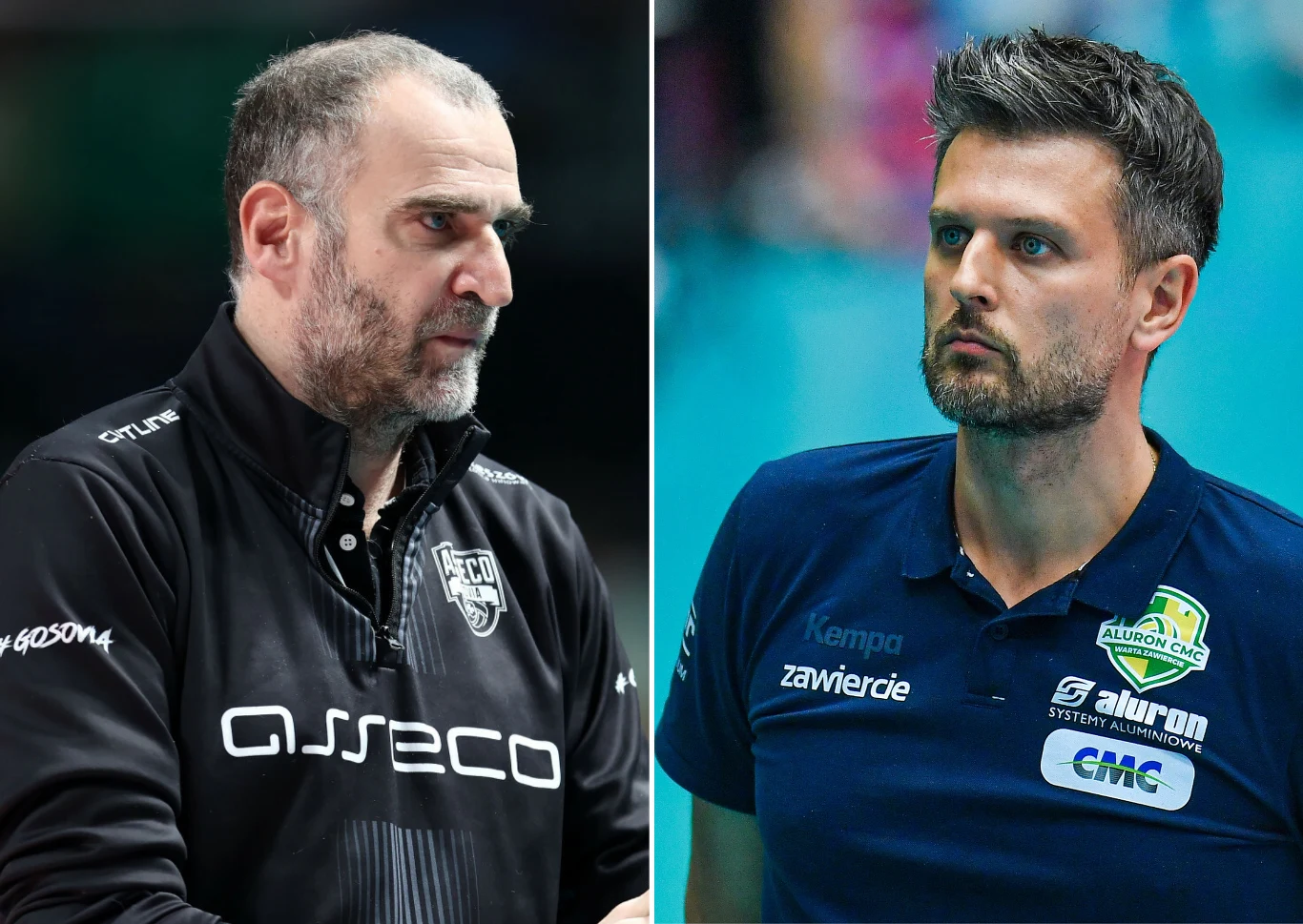 Dwóch mężczyzn w sportowych koszulkach klubowych, patrzących w różnych kierunkach; po lewej mężczyzna w czarnej bluzie z logo Asseco, po prawej w granatowej koszulce z licznymi logotypami sponsorów.