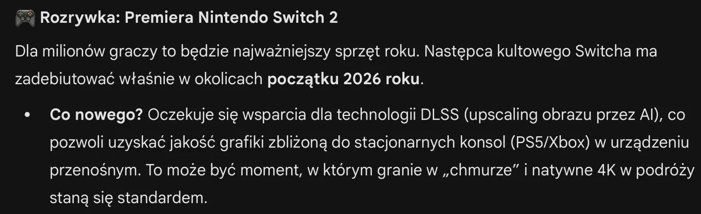 Informacja prasowa dotycząca premiery Nintendo Switch 2, opisująca oczekiwania wobec urządzenia, datę premiery, a także nowości technologiczne takie jak wsparcie DLSS, lepsza grafika, granie w chmurze oraz 4K w podróży.