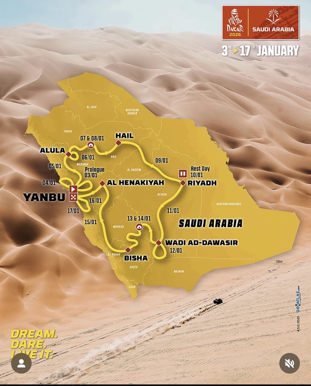 Mapa Arabii Saudyjskiej z wyznaczoną trasą rajdu Dakar, oznaczonymi etapami oraz głównymi miejscowościami i datami poszczególnych odcinków, w tle widoczne wydmy pustynne.