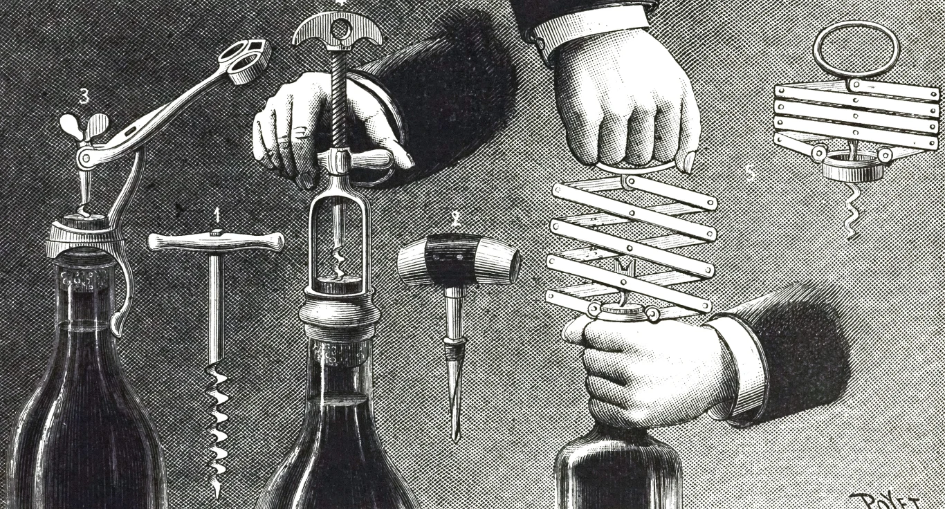 Różne rodzaje korkociągów. Grawerunek datowany na wiek XIX. Rysunek prezentuje kilka butelek oraz różne modele korkociągów ukazane w trakcie otwierania butelek. W centrum kompozycji znajdują się dłonie obsługujące mechaniczne narzędzia do usuwania korka, podkreślając różnorodność i konstrukcję tych przyborów.