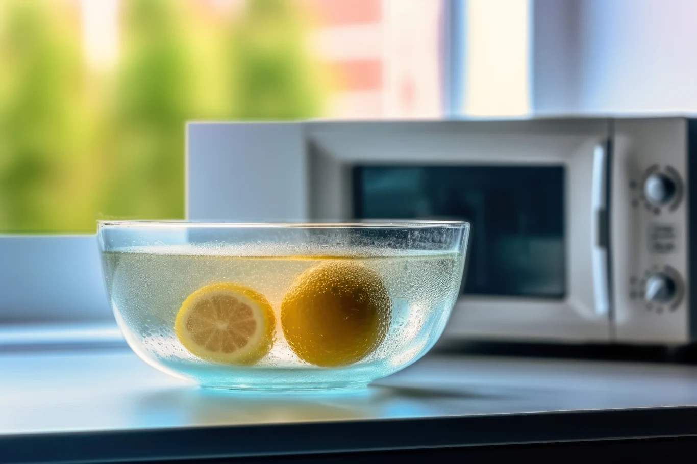 Szkło z wodą i dwiema połówkami cytryny ustawione na blacie przed kuchenką mikrofalową, światło dzienne wpada przez okno w tle.