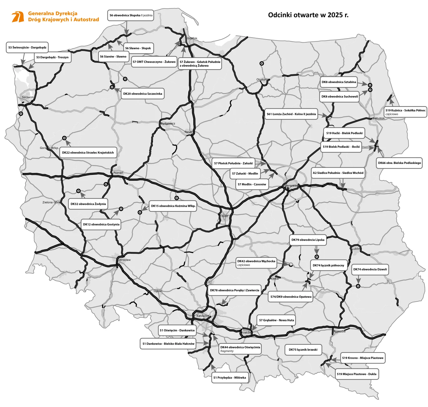 Mapa Polski z zaznaczonymi odcinkami dróg krajowych i autostrad planowanymi do otwarcia w 2025 roku, na tle granic województw oraz największych miast, zawiera opisy konkretnych tras i ich lokalizacji.