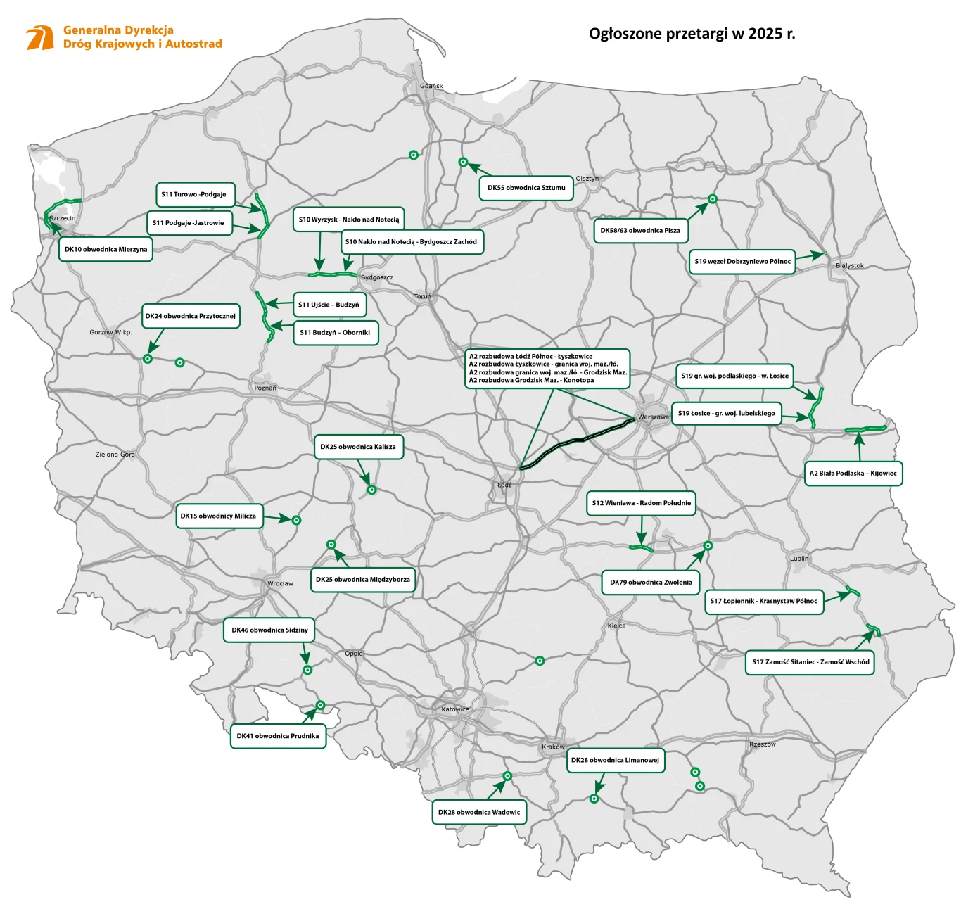 Mapa Polski ilustrująca planowane przetargi na budowę i rozbudowę dróg krajowych w 2025 roku, z zaznaczonymi trasami drogowymi i wskazaniem lokalizacji inwestycji oraz nazwami planowanych odcinków.