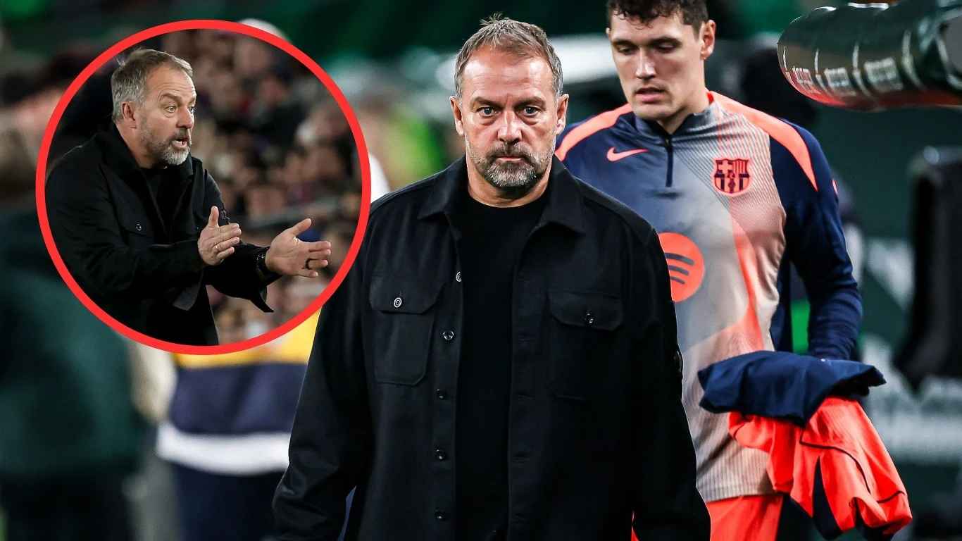 Hansi Flick i Andreas Christensen Trener piłkarski w ciemnej kurtce idzie w kierunku kamery z poważnym wyrazem twarzy, a za nim zawodnik Barcelony w dresie z klubowym logiem trzyma sportową odzież. W lewym górnym rogu zdjęcia znajduje się wstawka z profilem mężczyzny energicznie gestyk...