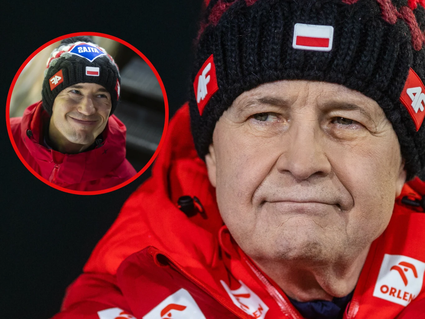 Mężczyzna w czerwonej kurtce i czapce z polską flagą oraz logo sponsora, w prawym górnym rogu kółko z wizerunkiem uśmiechniętego mężczyzny w podobnym stroju, oba elementy utrzymane w sportowej, zimowej estetyce.