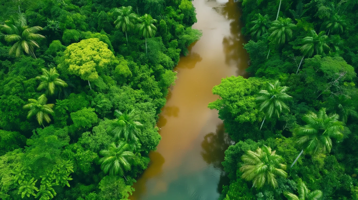Gęsta, zielona dżungla przecięta wąską, brunatną rzeką wijącą się pomiędzy drzewami i palmami.