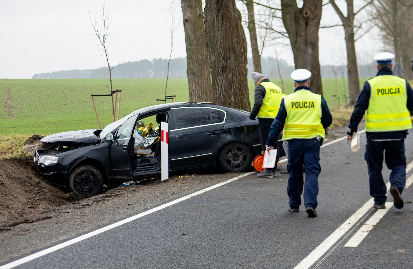 Jak podała Komenda Główna Policji w 2025 roku odnotowano spadek liczby wypadków w Polsce Czarny samochód osobowy po poważnym wypadku uderzony w przydrożne drzewo, obok pojazdu stoją policjanci zabezpieczający miejsce zdarzenia, w tle pole uprawne i pozimowy krajobraz.
