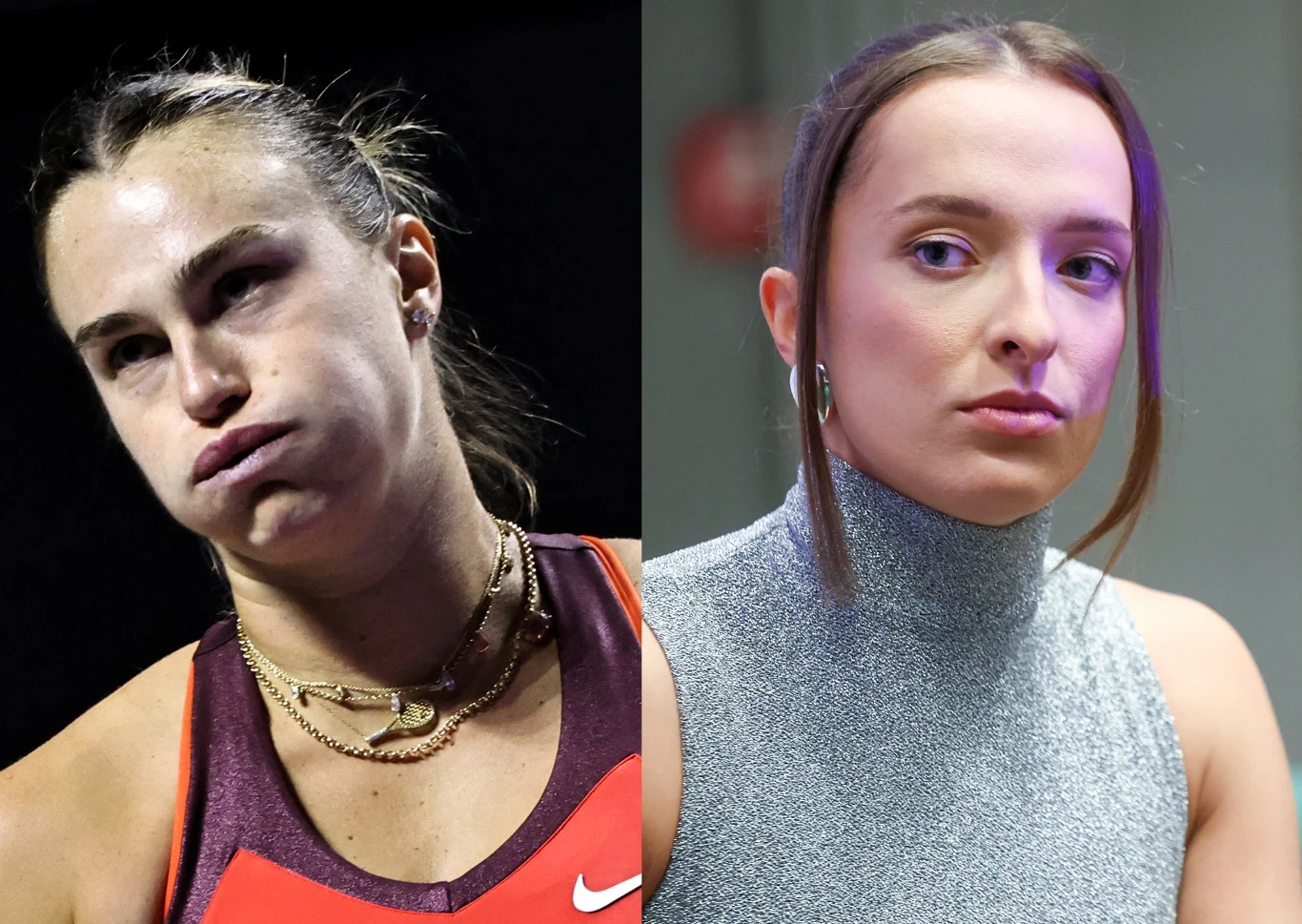 Po lewej stronie kobieta w stroju sportowym z wyrazem napięcia na twarzy, po prawej kobieta ubrana elegancko z poważnym wyrazem twarzy. Obie postacie są dobrze oświetlone i widoczne na wyraźnym tle.